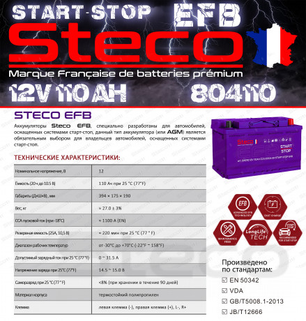 Аккумулятор STECO EFB EURO 110R+