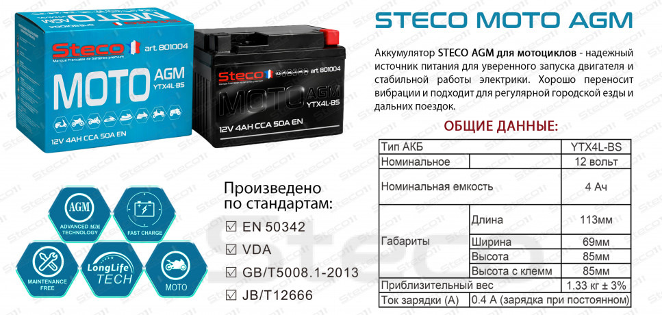 Аккумулятор MOTO AGM 50A 4AH R+