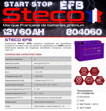 Аккумулятор STECO EFB EURO 60R+ 1