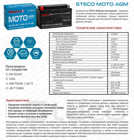 Аккумулятор MOTO AGM 230A 16Ah R+