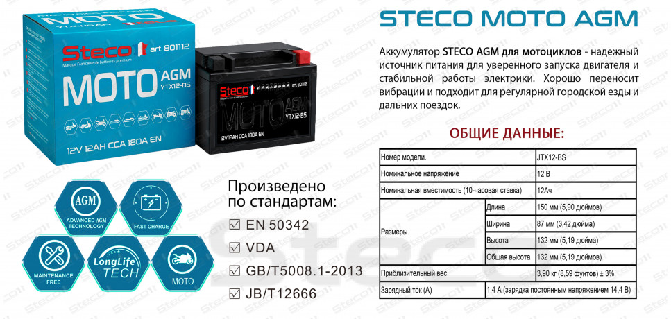 Аккумулятор MOTO AGM 190A 12Ah R+